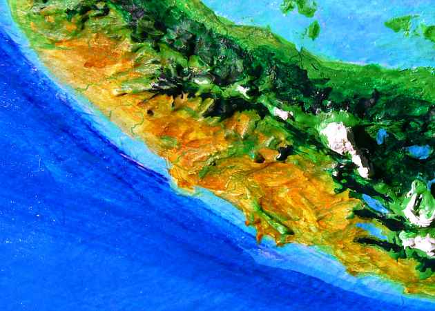 Orbital photo of the Kraoka Islands, a cluster of Hawaii-like shield volcanoes the size of Britain, at the west end of the Polesotechnic Strip, a string of small continents on Lyr, a model of a huge sea-world. Click to enlarge.