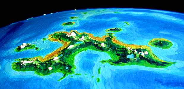 Low orbital photo looking north at Ulash, a small dry continent on Lyr, a model of a huge sea-world. Click to enlarge.