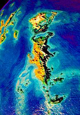 High orbital photo in low red sunset light of Scania, two large sub-arctic islands on Lyr, a model of a sea-world twice the diameter of Earth.