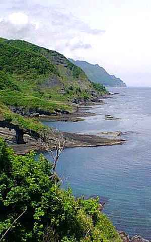 Craggy green coast with reefs offshore.