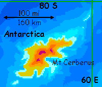 Map of Antarctica, a glaciated islet that's the nearest thing to a polar cap on Lyr, a world-building experiment