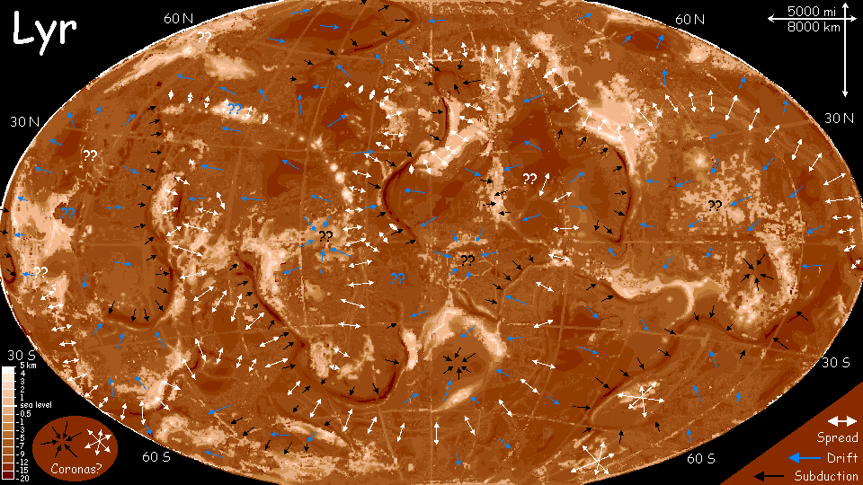 Topographical map of Lyr's sea beds, seamounts and trenches.