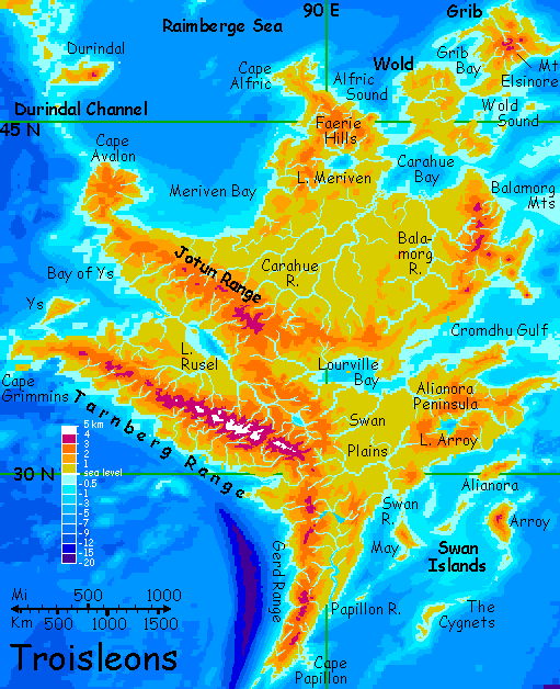 Map of Troisleons, a continent on Lyr, a world-building experiment. Troisleons is a temperate continent larger than Europe