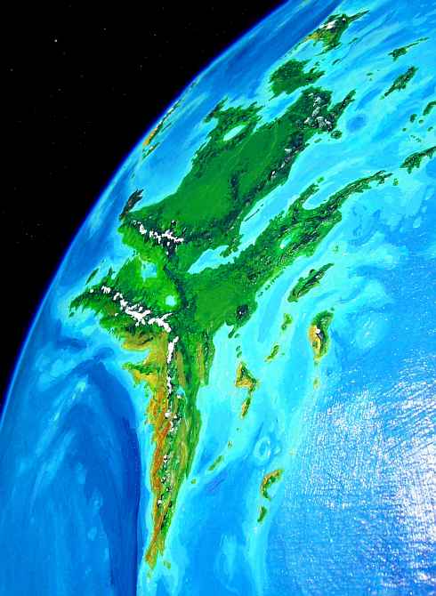 Orbital photo of Troisleons, a continent on Lyr, a world-building experiment. Troisleons is a temperate, maple-leaf-shaped continent the size of Europe. Click to enlarge.