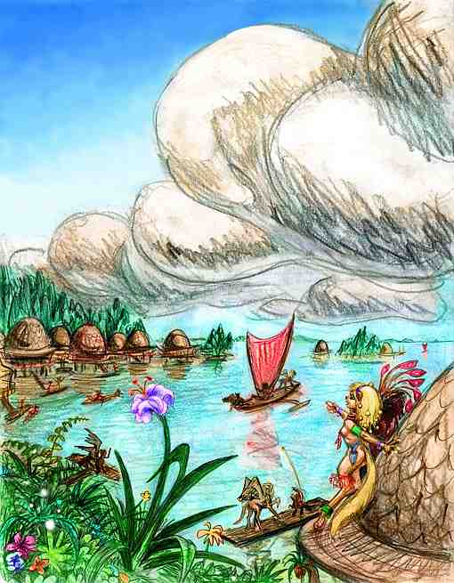 A stilt-house fishing village, built over the water on a jungle coast on Lyr, a huge wet world-model. Huts look like derby hats with veranda brims.