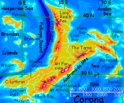 Map of Corona, the chief continent of the Ythri cluster, on Lyr, a world-building experiment.