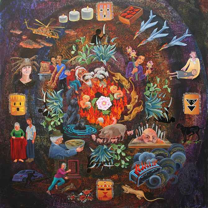 An acrylic mandala by Jenny Badger Sultan, showing dreams troubled by the Iraq war