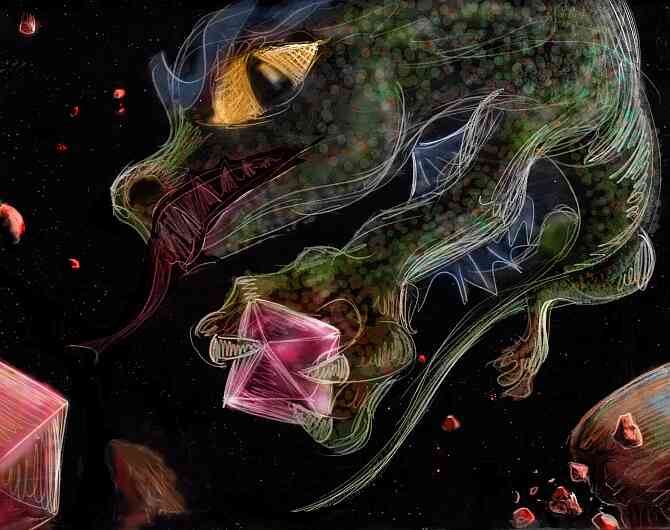 Martian dragon collects pieces of crystal from the rubble after Mars shatters. Dream sketch by Wayan. Click to enlarge.