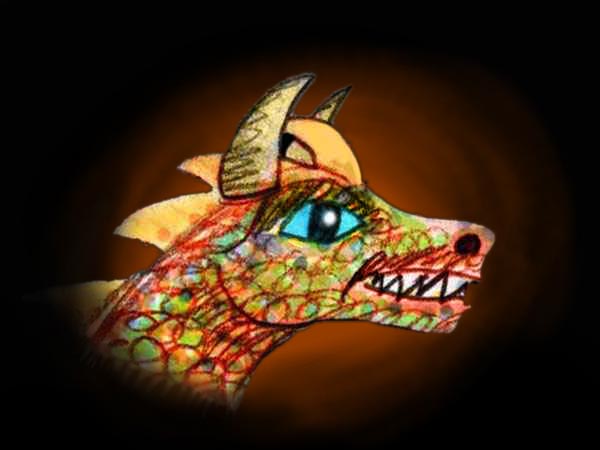 Pencil and watercolor sketch of a dream. A colorful green-eyed dragon's head, in profile.