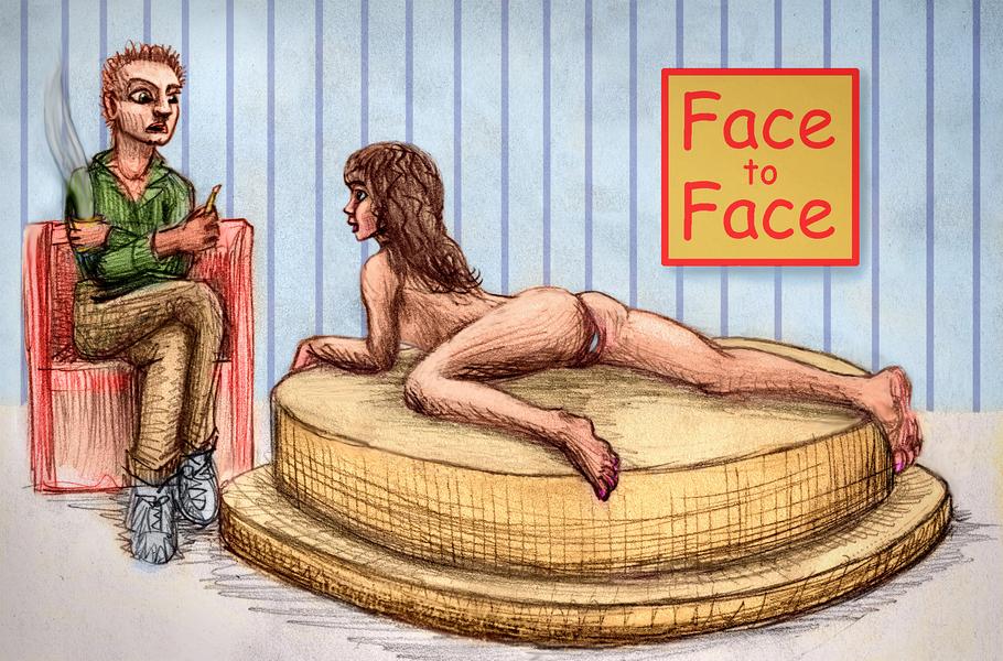 Sketch of a dream by Chris Wayan: a girl on a rotating dais is interviewed on 'Face to Face' about her mirrored vagina.