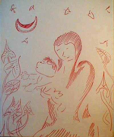 Line drawing in red, of a mother holding child up to see a climbing vine, under crescent moon