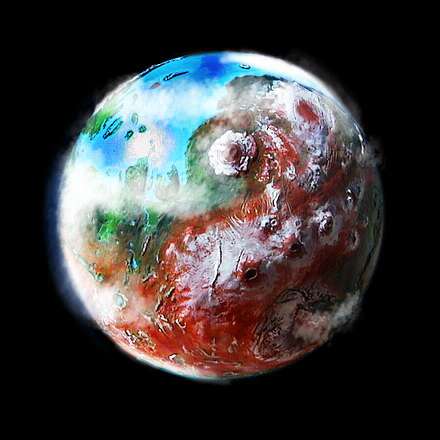 Orbital view of a terraformed Mars: Amazonia, Elysium and Tharsis, with Mt Olympus.