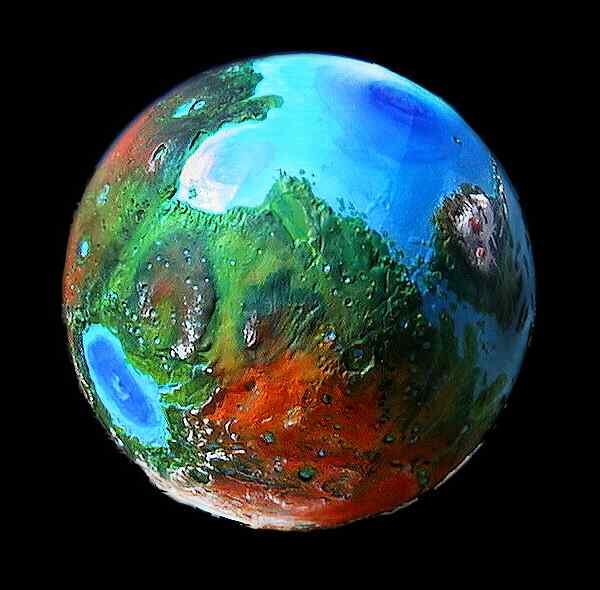 Orbital view of a terraformed Mars: Hellas, Syrtis, Nepenthe, Hesperia, and Elysium.