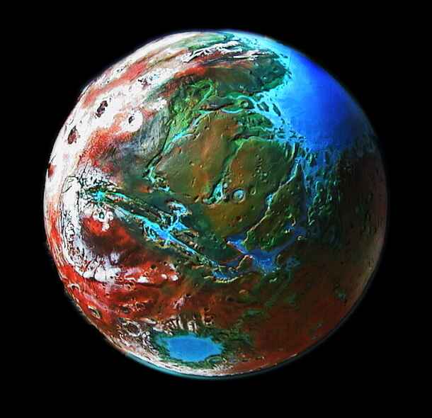 Orbital photo of a terraformed Mars 1000 years from now: Tharsis and Mariner Canyons.