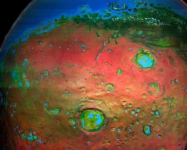 Orbital photo of Mars: Arabia Terra, the biggest northern desert, full of crater-oases and a tropical belt of grassland. <a href=../BIG/MRZTEMPE.JPG> border=0  Model by Wayan. Click to enlarge.