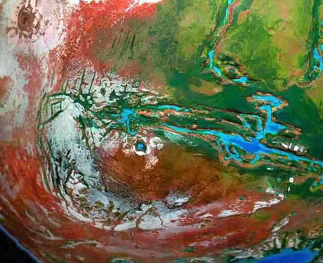 Orbital photo of a terraformed Mars 1000 years from now: upper Mariner complex and the Claritas range. Model by Wayan. Click to enlarge.