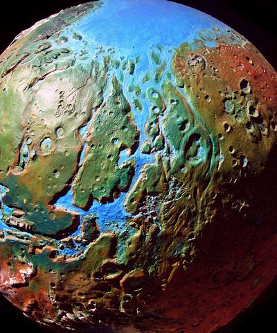 Orbital photo of a terraformed Mars 1000 years from now: east Mariner complex & Margaritifer Chaos. Model by Wayan; click to enlarge.