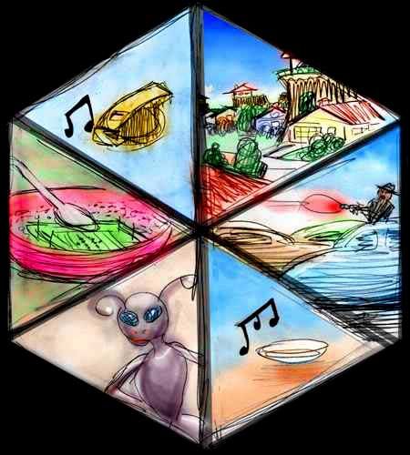 A hexagon illustrating a six-part dream. 1: a two-tier housing tract, with a few homes on columns. 2: A gunman firing at passing cars. 3: a glass bowl half-full of water. 4: An ant-person. 5: Football teams of ants playing in the Sugar Bowl. 6: A whistle.