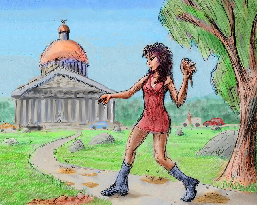 I'm a girl throwing mud at a theater. Dream sketch by Wayan. Click to enlarge.