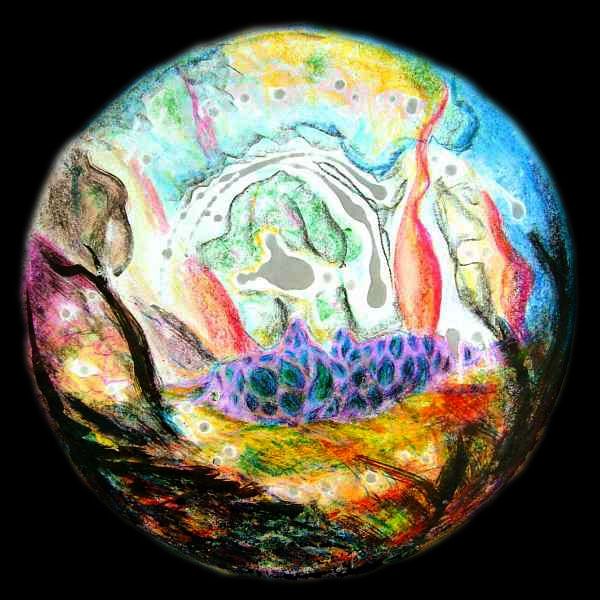 A round planet-ish abstract in bright crayon, paint and dripped wax.