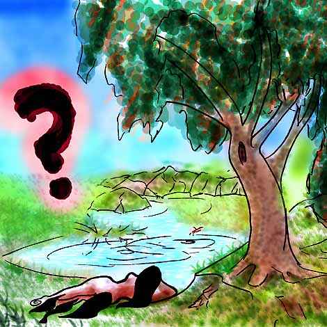 Female satyr lying by a forest pool where a businessman floats. Dreaming or drowning?