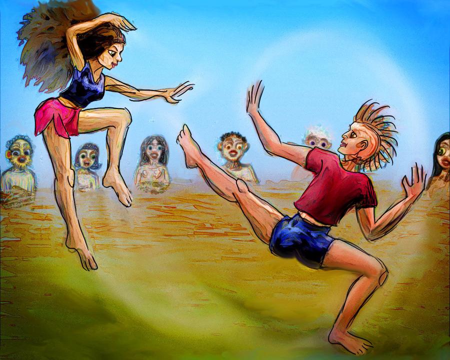 A couple spar in a martial arts class. Dream sketch by Wayan. Click to enlarge.