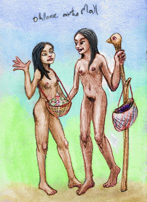 Two skinny women with berry-baskets talk and laugh. Dream sketch by Wayan. Click to enlarge.
