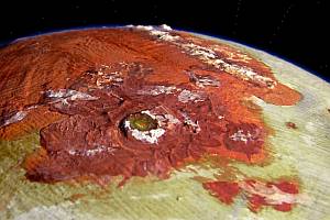 Small orbital photo of Lugh Crater, a lake-filled impact basin on Oisin, a model of a Europan moon bearing life under the ice.