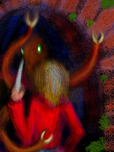 I fight an octopoid alien in dark, narrow brick passages. Dream sketch by Wayan. Click to enlarge.