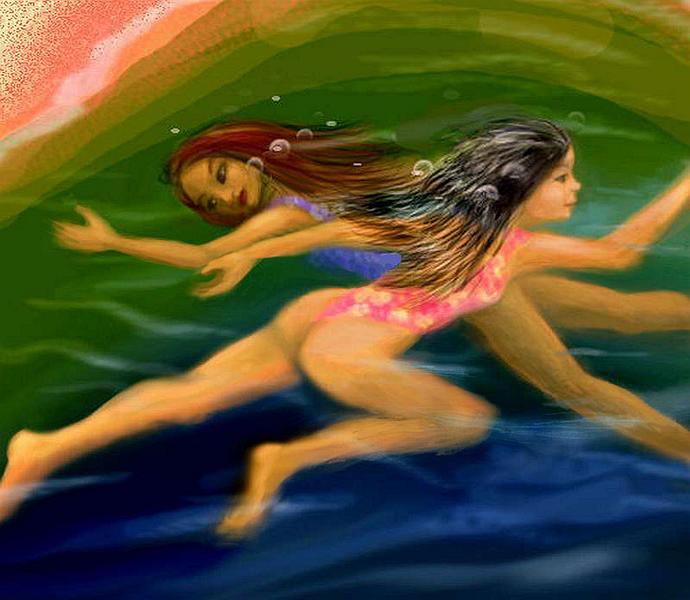 Two children in floral swimsuits, in murky green water. Dream sketch by Wayan; click to enlarge.