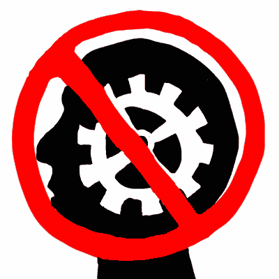 International banning sign over a gear-head. No intellectuals allowed! Dream sketch by Wayan.