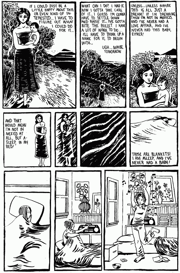 Black and white comic of a dream by Gabrielle Bell titled ON THE SEASHORE. Page 4: Gabrielle slowly realizes she's dreaming and wakes in relief that she doesn't have a baby.