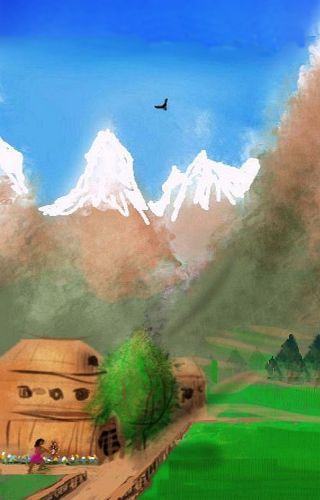 Tibetan village. Barley fields, peaks. Sketch of a dream by Wayan