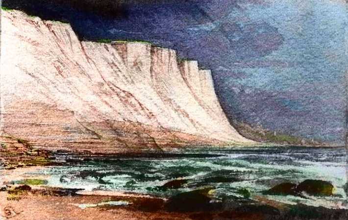 Sketch of Dover-like white cliffs against a slaty sky; Great Eastern Cape off Continent 1 on Pegasia, an Earthlike moon. Based on a watercolor by Edward Lear.