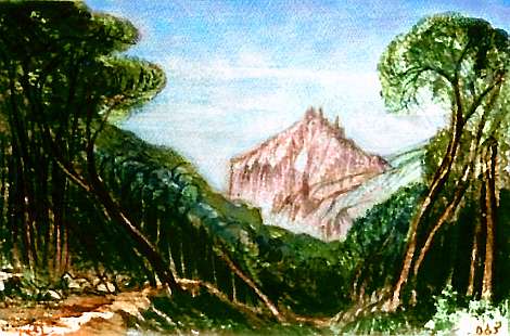 Sketch of a path through a wooded canyon. Crag with castle in distance. Southern Continent 1 on Pegasia, an Earthlike moon. Based on a watercolor by Edward Lear.