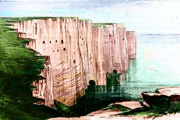 Sketch of sea-cliffs riddled with holes--a cliffside hamlet of fliers. Isles northwest of Continent 1 on Pegasia, an Earthlike moon. Based on a watercolor by Edward Lear.