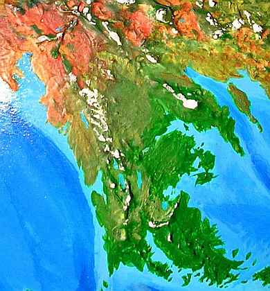 Orbital photo of southern continent 1 on Pegasia, an Earthlike moon. This region resembles a greener India with a more indented coast.