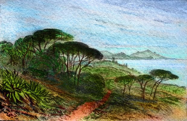 Sketch of Mediterranean shores of southern Continent 1 on Pegasia, an Earthlike moon. Based on a watercolor by Edward Lear.