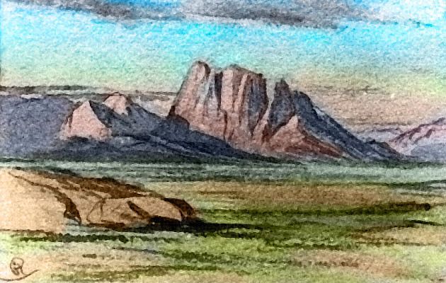 Sketch of dry prairies and craggy mountains; central Continent 1 on Pegasia, an Earthlike moon. Based on a watercolor by Edward Lear.