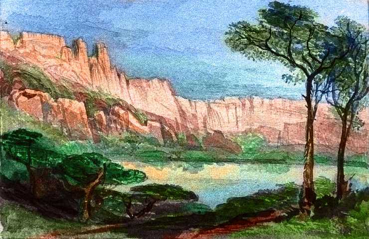 Sketch of lake with open woods and cliffs, western Continent 1 on Pegasia, an Earthlike moon. Based on a watercolor by Edward Lear.