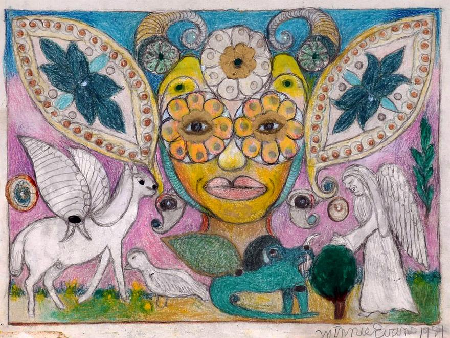 Pegasus in garden with masked face, green beast and angels. Untitled 1981 dream painting by Minnie Evans