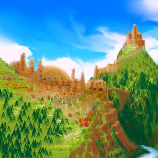 Digital sketch by Chris Wayan of an Aviatric city somewhat like Machu Picchu; a slender bridge spans a gorge between two crags clad in pinelike trees, crowned with buff sandstone spires and domes. Aviatrica are native to Continent 8 on Pegasia, model of a large, warm, habitable moon.