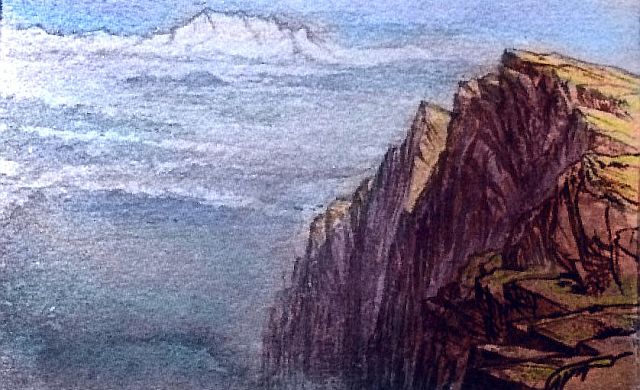 Sketch of crags and pseudo-tundra with icy mountains on horizon: northern Continent 1 on Pegasia, an Earthlike moon. Based on a watercolor by Edward Lear.