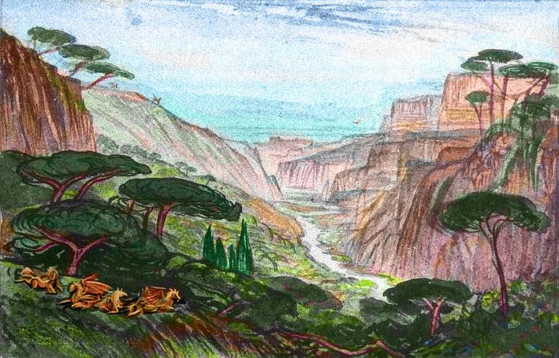 Sketch of a small canyon with scattered trees and winged golden creatures--animals? people?--in southwestern Continent 1 on Pegasia, an Earthlike moon. Based on a watercolor by Edward Lear.