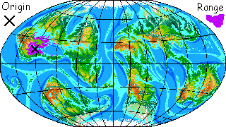 Distribution map of an intelligent rather theropodian species called the Pwokwe, native to Continent 6 on Pegasia, the dense-aired moon of a gas giant.