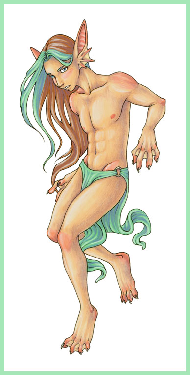 My boyfriend Preston in my dream, in a green loincloth, with long green-streaked hair, webbed hands, finlike ears, sizable claws, and pink patches over his joints like Pink Child.