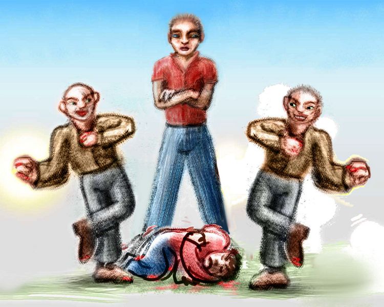 Two tap-dancing thugs and their huge boss beat up a man; sketch of a nightmare by Wayan.