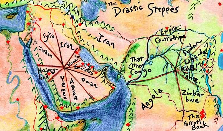 Dream image by Wayan: sketchmap showing Arabia as it might be carved up after the Saudis flee, next to a Congo already carved up by its neighbors.