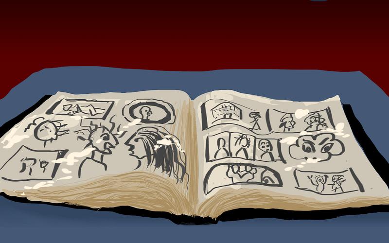 Comic book stained & warped by... something white. Dream sketch by Wayan. Click to enlarge.