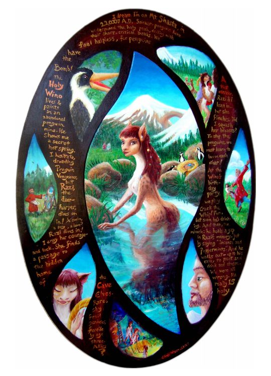 An oval painting; central image of a deerlike woman bathing in a hotspring, with surrounding insets showing vignettes of penguins, painters, and cave-elves. Click to enlarge.